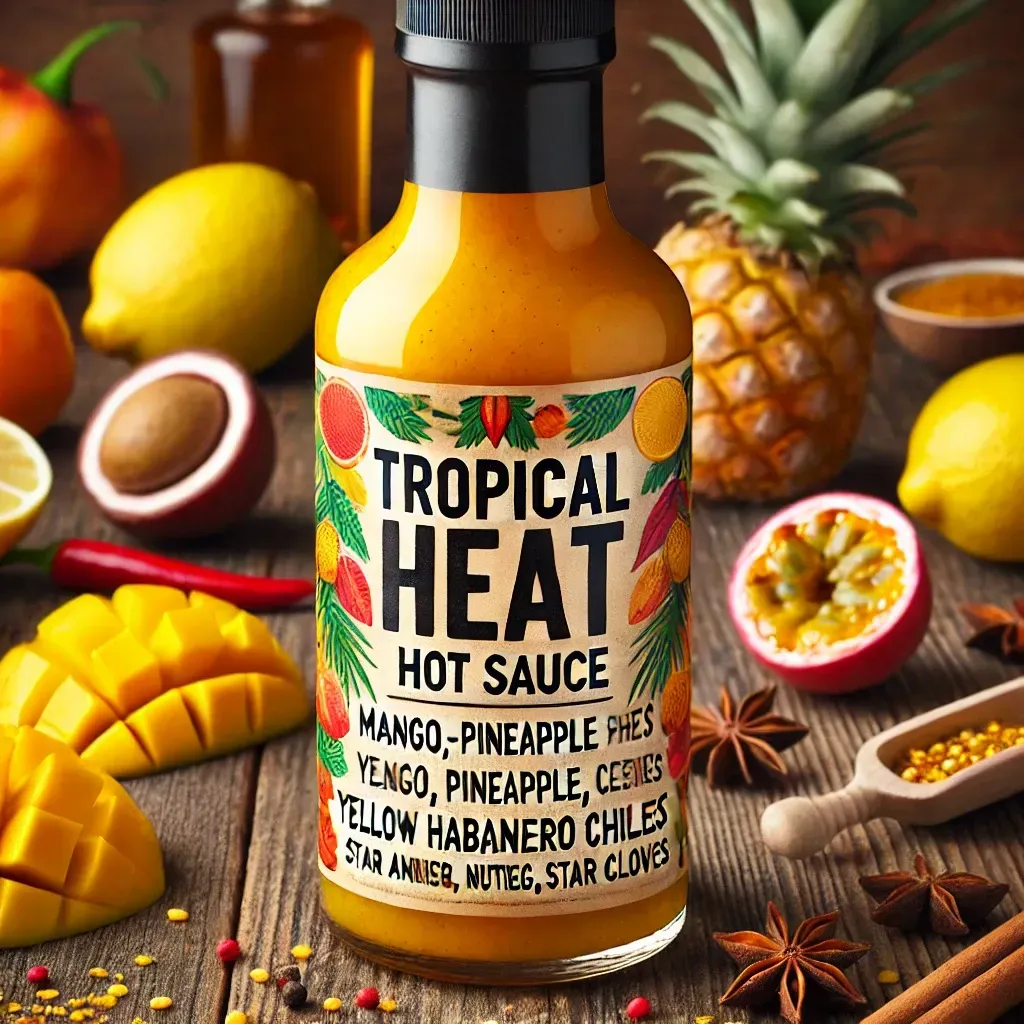 A vibrant bottle of "Tropical Heat Hot Sauce" is centered, surrounded by fresh tropical fruits like pineapple, mango, and passion fruit. The label highlights ingredients like mango, pineapple, yellow habanero chiles, and spices. The scene is colorful and appetizing.