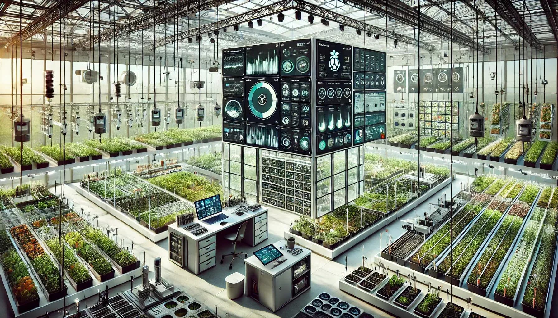 This AI-generated image depicts a vast, futuristic greenhouse with multiple rows of plants. The facility is equipped with advanced monitoring systems, large digital displays, and automated equipment for optimizing plant growth.