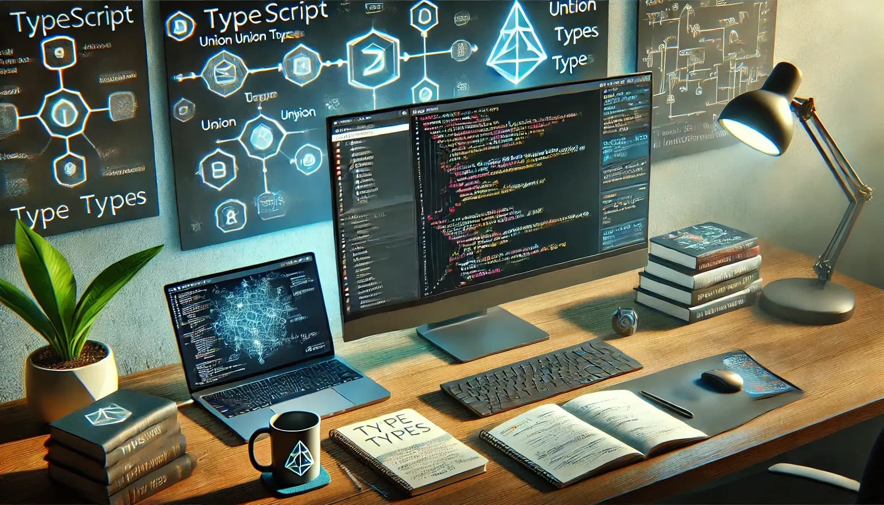This AI-generated image shows a tech-focused workspace centered around TypeScript programming. The desk features a large monitor displaying code, a laptop with diagrams, books, and notes on TypeScript concepts. The wall is adorned with illuminated diagrams related to TypeScript, and the scene includes a desk lamp, plant, and a coffee mug, creating a productive and focused atmosphere.