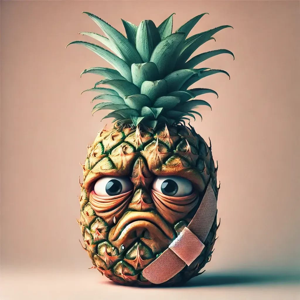 The image depicts a highly detailed, anthropomorphic pineapple with a sad expression. The pineapple has large, expressive eyes, a drooping mouth, and a bandage on its side. The texture of the pineapple skin is realistic, and the background is a soft, neutral color.