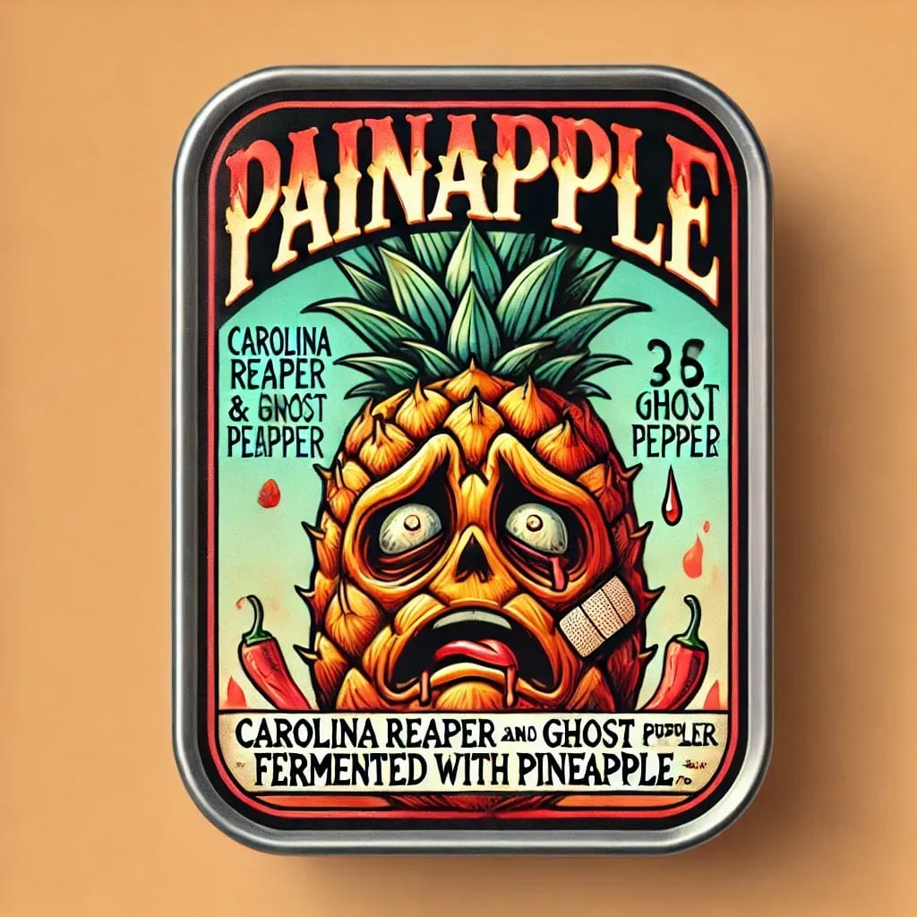 The image is an AI-generated illustration of a product label featuring a distressed, anthropomorphic pineapple with a fearful expression. The label reads "PAINAPPLE" and advertises "Carolina Reaper & Ghost Pepper" with "36 Ghost Pepper." The design is vibrant and intense, with a mix of fiery colors and a bold, edgy style. The text at the bottom says, "Carolina Reaper and Ghost Pepper Fermented with Pineapple." The overall vibe is spicy and extreme.