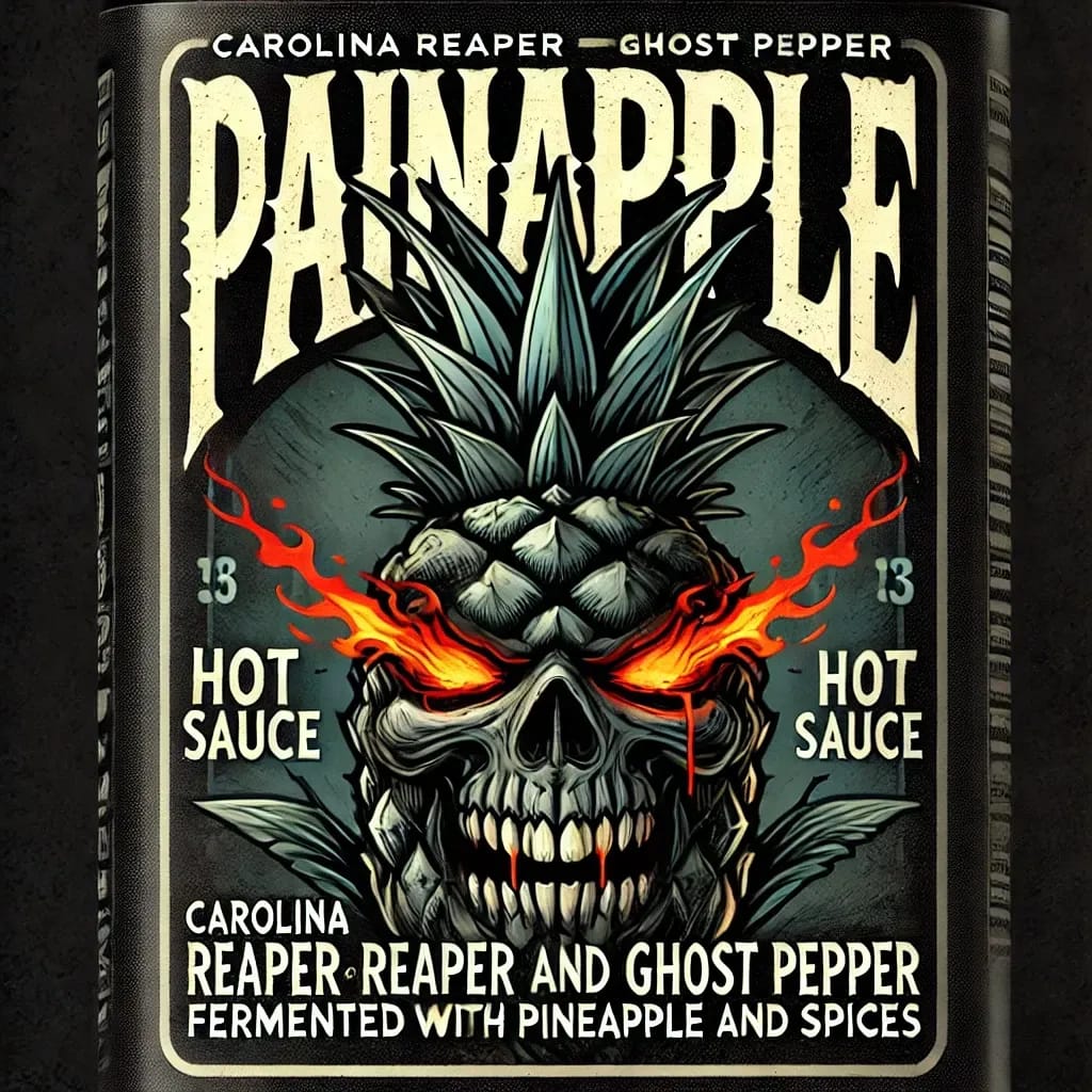 The image is an AI-generated label for a hot sauce called "Painapple." It features a menacing skull with pineapple-like features, fiery red eyes, and flames coming from the eye sockets. The text highlights "Carolina Reaper" and "Ghost Pepper" as ingredients, fermented with pineapple and spices. The design is dark and intense, emphasizing the extreme heat of the sauce.