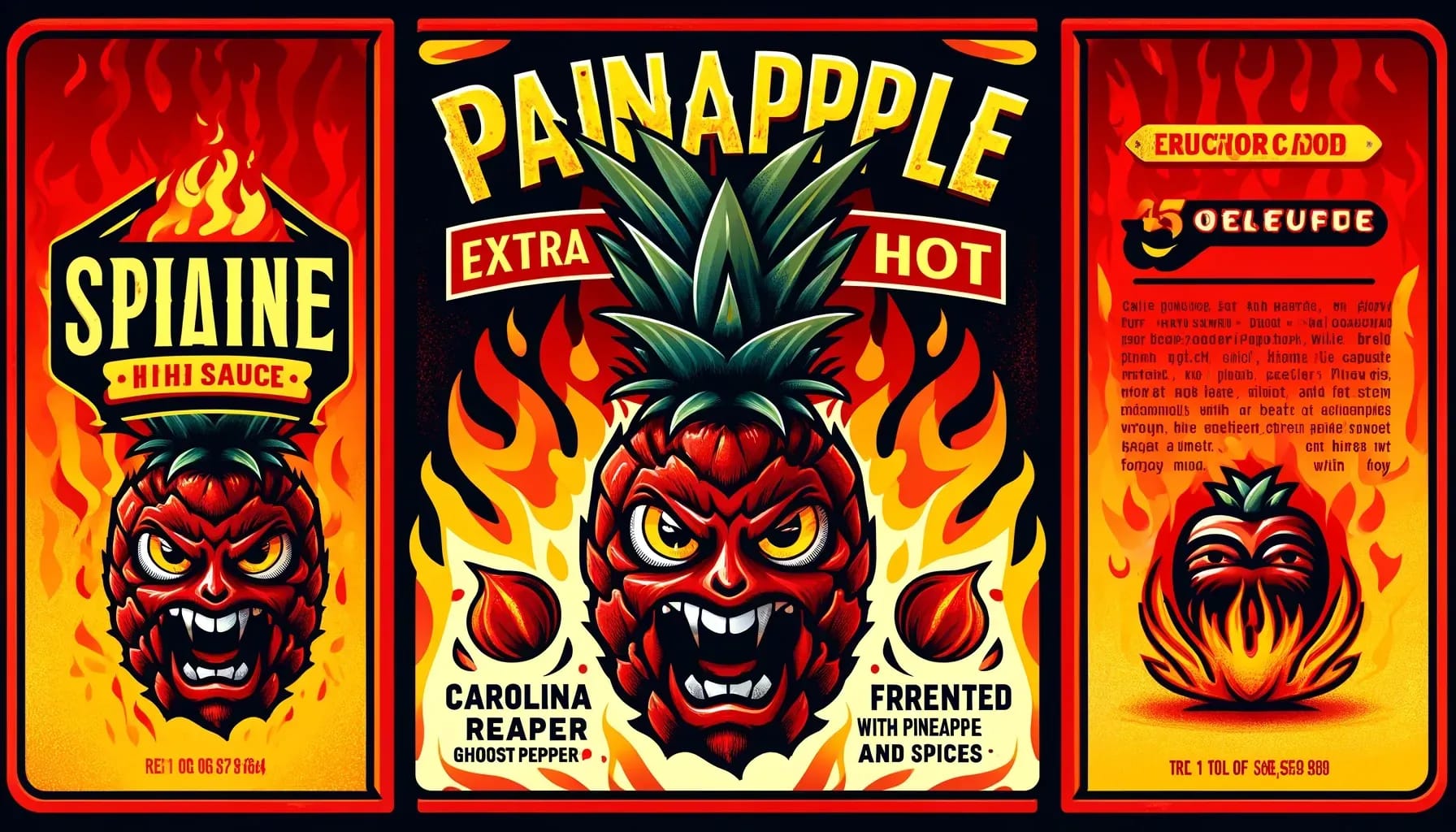 The image is a vibrant, fiery label design for a hot sauce called "Painapple Extra Hot." The central figure is an angry, menacing pineapple with flames in the background. The label mentions "Carolina Reaper" and "Ghost Pepper," emphasizing the extreme heat. The design is bold, with intense red, yellow, and orange tones, and features stylized text and graphics that convey a sense of danger and spiciness.