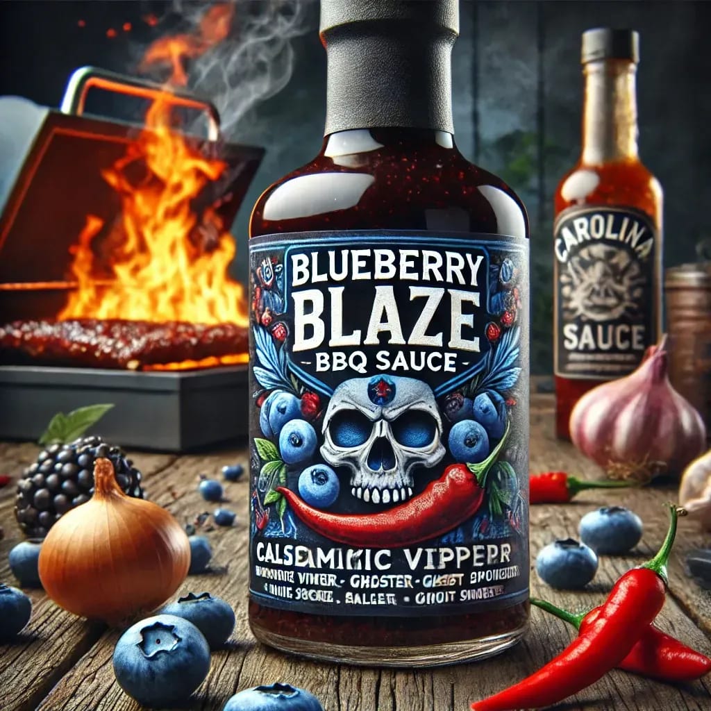 A bottle of "Blueberry Blaze BBQ Sauce" with a striking label featuring a skull, blueberries, and a red chili pepper. The scene includes a fiery grill in the background, fresh blueberries, garlic, and chili peppers scattered on a wooden surface. Another sauce bottle is blurred in the background.