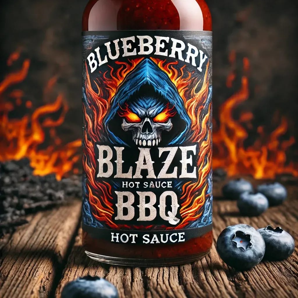 A bottle of "Blueberry Blaze BBQ Hot Sauce" is featured prominently. The label has a fiery design with a menacing skull in a blue hood, surrounded by flames. The background shows a wooden surface with scattered blueberries and flames, emphasizing the sauce's intense heat.