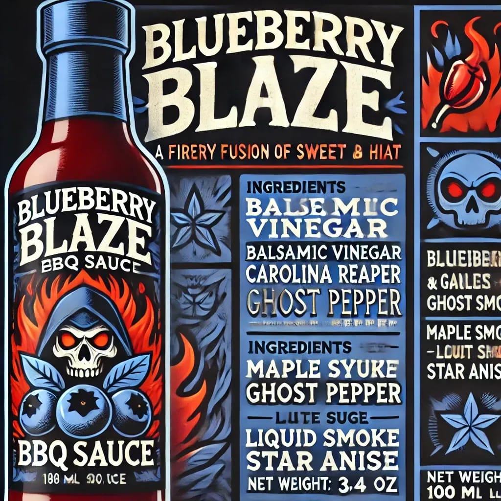 The image showcases a bottle of "Blueberry Blaze BBQ Sauce" with a fiery, bold design. The label features a skull with flames and blueberries. The text highlights ingredients like balsamic vinegar, Carolina Reaper, ghost pepper, maple syrup, and star anise. The design is intense and eye-catching.