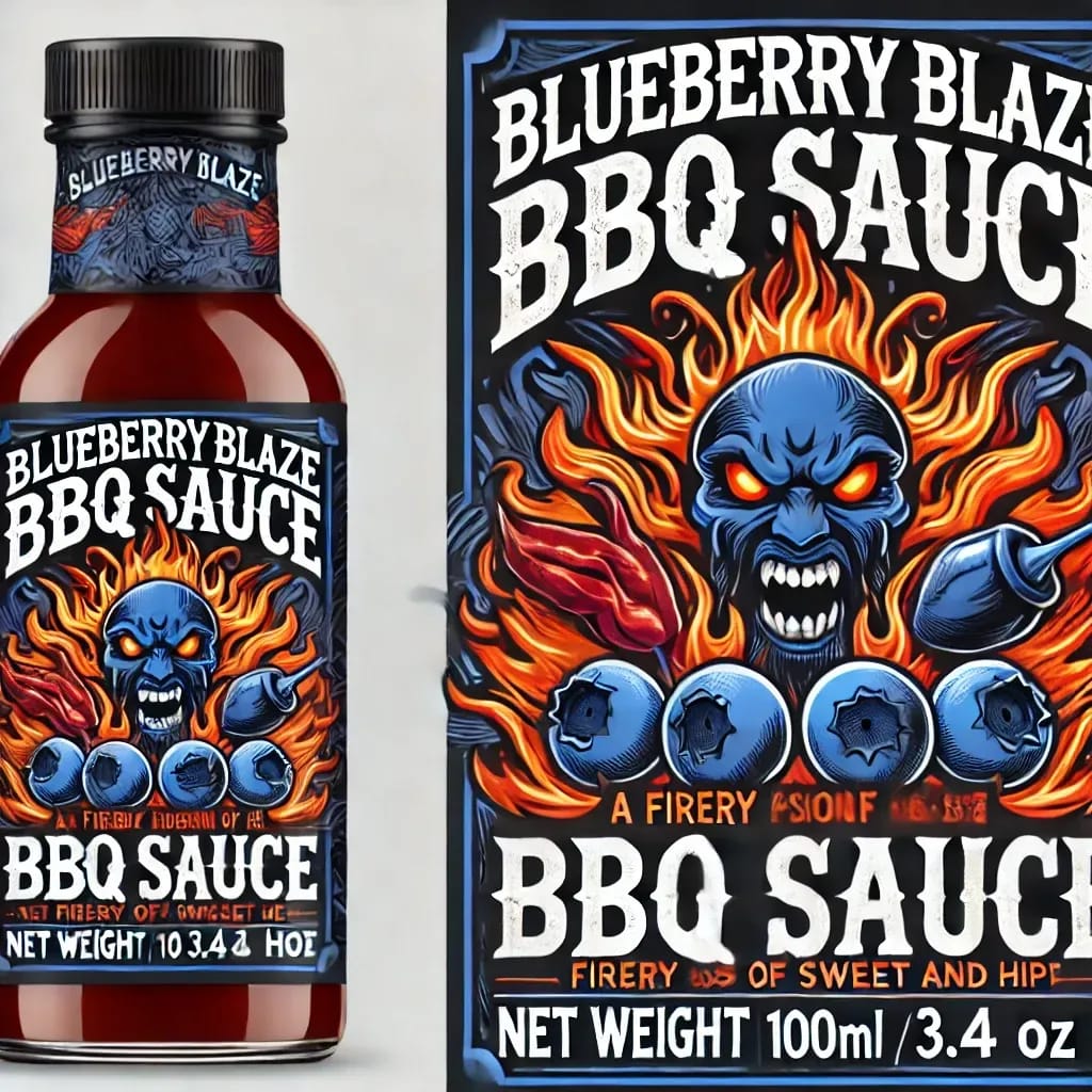 The image shows a bottle of "Blueberry Blaze BBQ Sauce" with a bold, fiery label design. The label features a menacing blue skull with glowing red eyes, surrounded by flames and blueberries. The text emphasizes the sauce's fiery and sweet flavor. The bottle is 100ml (3.4 oz).