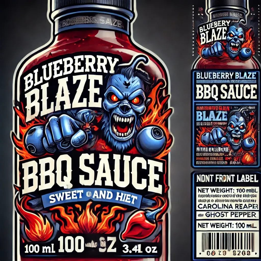 The image shows a bottle of "Blueberry Blaze BBQ Sauce" with a bold, fiery design. The label features a menacing blue creature with glowing red eyes, surrounded by flames and blueberries. The text highlights "Sweet and Hiet" flavor, with a net weight of 100 ml (3.4 oz).