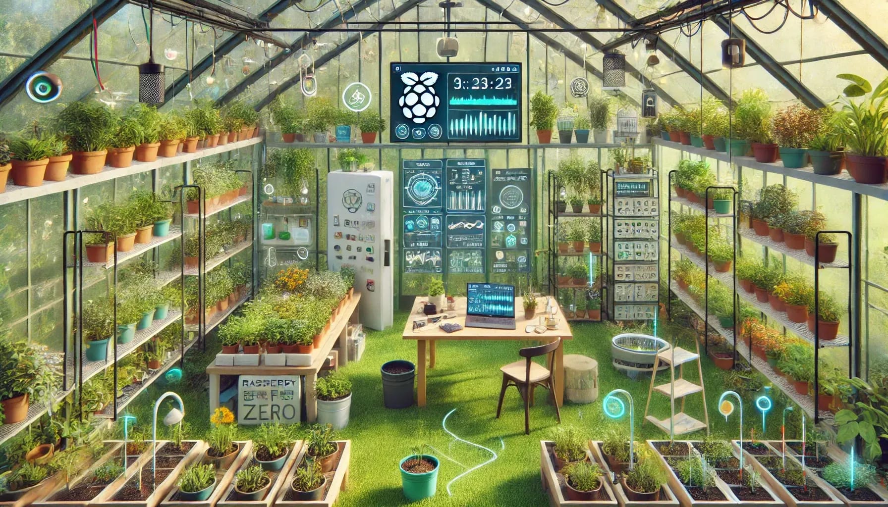 This AI-generated image depicts a futuristic, tech-enhanced greenhouse with plants organized on shelves. The space features digital displays and sensors monitoring growth, all powered by Raspberry Pi technology.