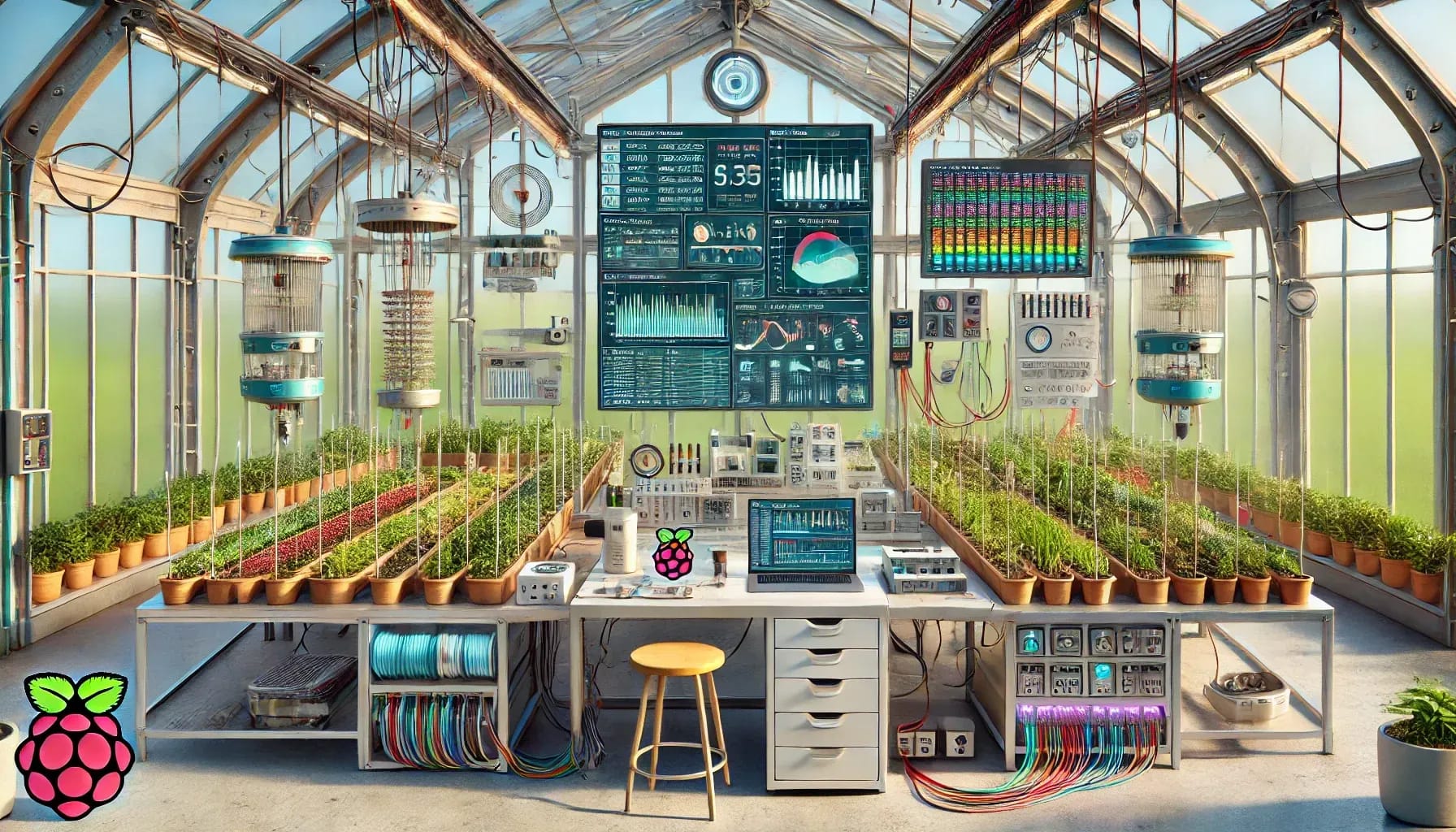 This AI-generated image shows a high-tech greenhouse filled with rows of plants. The space is equipped with advanced sensors, digital displays, and automated systems for monitoring plant growth, powered by Raspberry Pi.