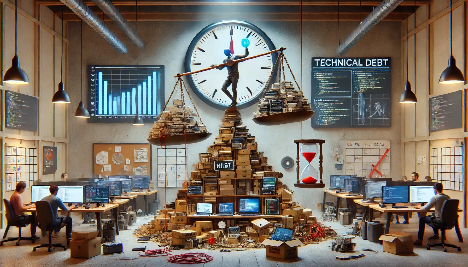 The image depicts a chaotic office with programmers working at desks surrounded by clutter. A large clock looms overhead, with a figure balancing scales of technical debt atop a pile of boxes and books. Monitors display code, graphs, and "Technical Debt" warnings, symbolizing work pressure.