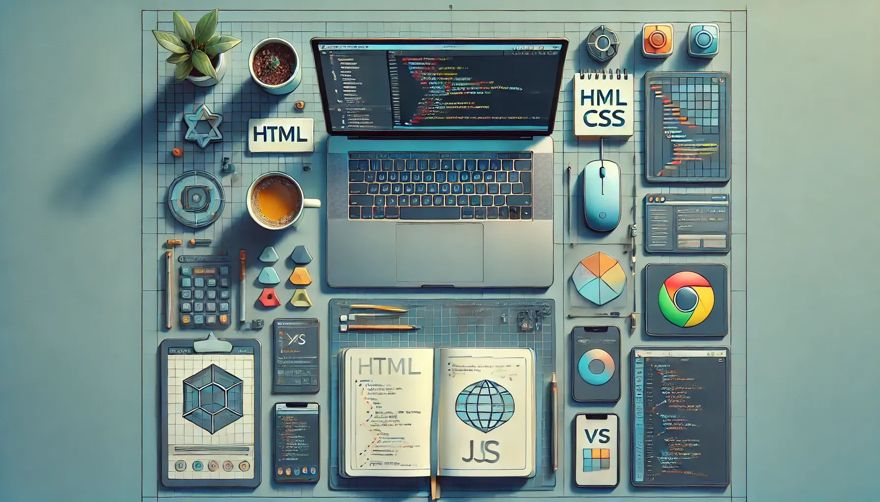 This AI-generated image presents a meticulously organized workspace from a top-down perspective, focusing on web development and coding tools. In the center is an open laptop displaying lines of code, surrounded by various items such as a notebook labeled "HTML" and "JS," coding-related icons, a smartphone with code on the screen, and other office supplies. The workspace includes browser icons, a mouse, and other objects that are carefully arranged to create a balanced and visually appealing composition. The overall scene emphasizes a blend of digital creativity and precision.