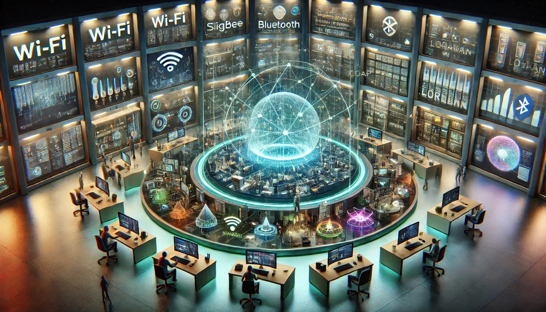 This AI-generated image shows a futuristic control room with a central holographic globe surrounded by workstations. The walls display interfaces for Wi-Fi, Bluetooth, Zigbee, and other connectivity technologies.