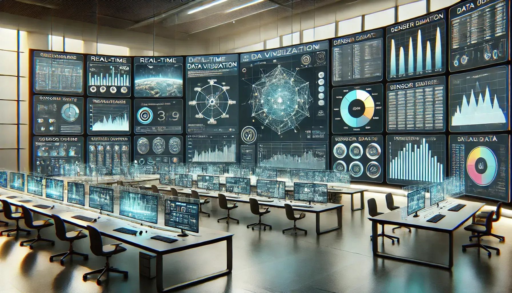 This AI-generated image depicts a futuristic data center with large screens displaying real-time data visualizations and analytics. Rows of workstations with monitors analyze various sensor data and global metrics.