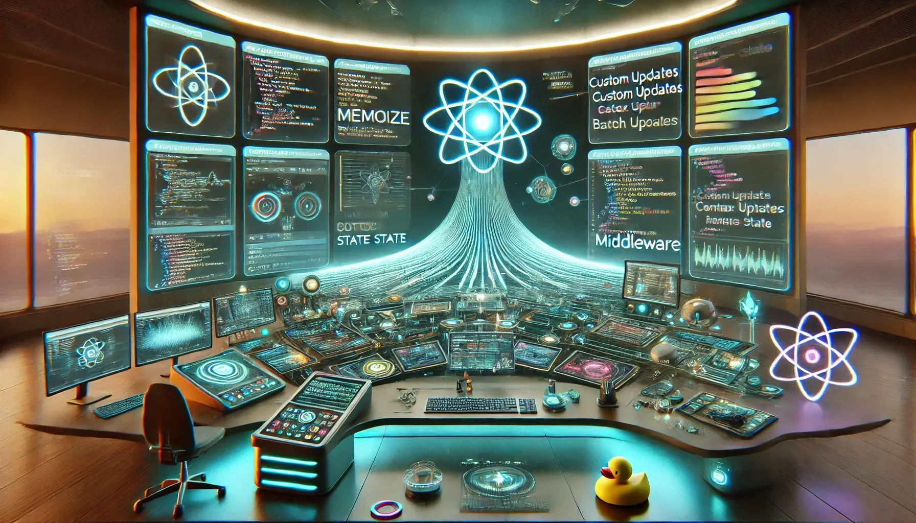 This AI-generated image portrays an ultra-modern, futuristic control room or workspace, heavily themed around React.js and advanced programming concepts. The central focus is a large, curved desk filled with multiple screens, all displaying complex code, diagrams, and digital interfaces. Above the desk, an enormous React logo emits a bright, glowing light, with streams of data flowing from it, symbolizing state management or data flow. The walls are lined with large monitors showcasing various coding snippets, keywords like "Memoize," "State," "Middleware," and "Custom Updates," all related to React and JavaScript development. The room is bathed in a mix of cool blue and warm sunset lighting, creating a high-tech yet serene atmosphere. A few playful elements, such as a rubber duck on the desk, add a touch of whimsy to the otherwise sophisticated and immersive environment, blending creativity with cutting-edge technology.