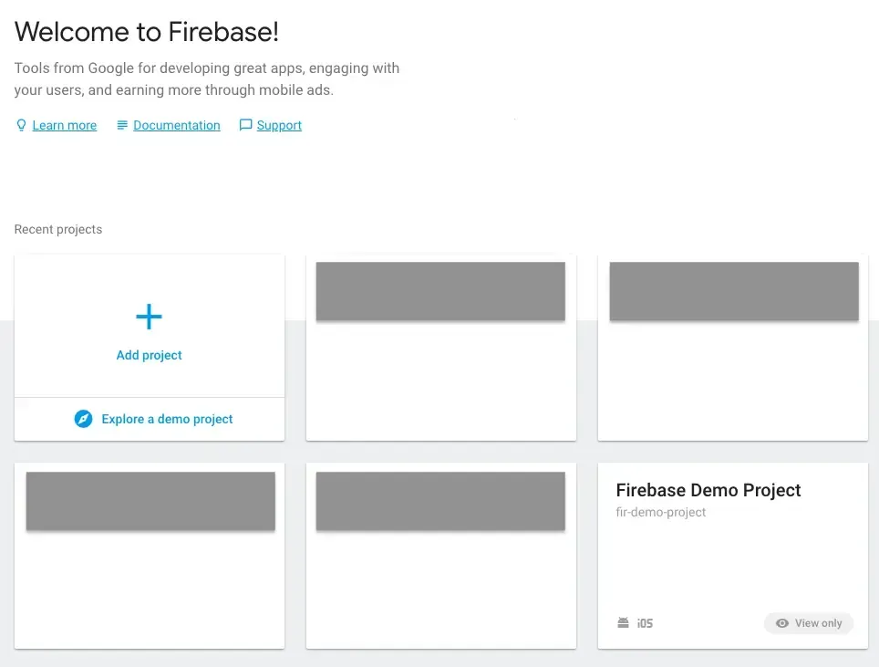 The image shows the Firebase console's welcome screen. It greets the user with "Welcome to Firebase!" and offers options to learn more, view documentation, or get support. Below, there are sections for recent projects, including an "Add project" button, a demo project, and other project cards.