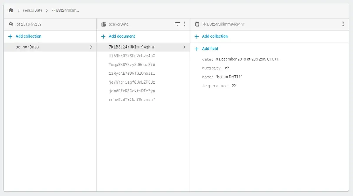 The image shows a Firestore database interface with a collection named "sensorData." Inside this collection, there are multiple documents, one of which is selected (ID: "7kiB8t24rUklmm94gMhr"). The document contains fields: "date" (3 December 2018 at 23:12:05 UTC+1), "humidity" (65), "name" ("Kalle's DHT11"), and "temperature" (22).