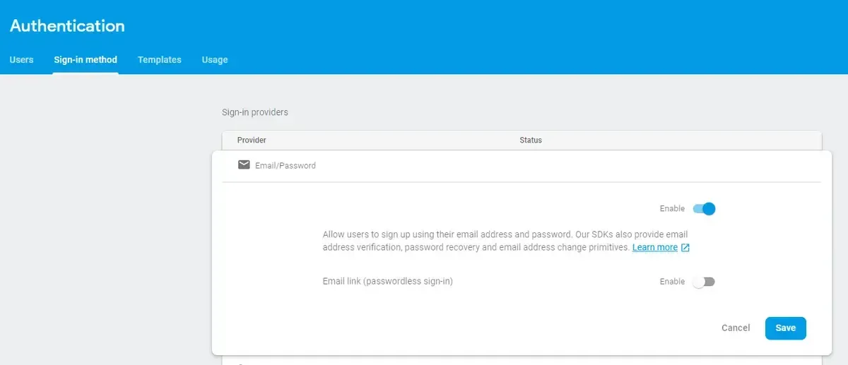 The image shows a section of an "Authentication" settings page, specifically under the "Sign-in method" tab. The "Email/Password" sign-in provider is enabled, allowing users to sign up using their email and password. There's also an option to enable "Email link (passwordless sign-in)," which is currently disabled. The page has "Cancel" and "Save" buttons at the bottom right.