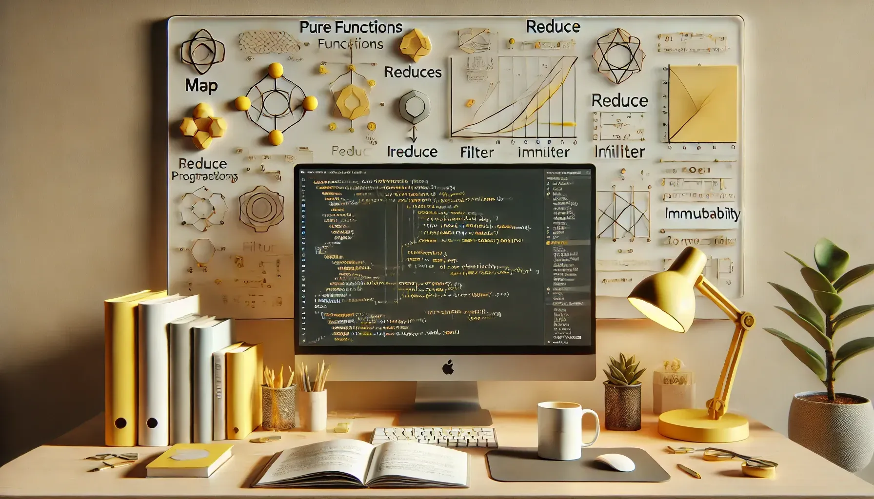 This AI-generated image showcases a neatly arranged workspace centered around a large computer monitor displaying lines of code. The desk is organized with books, a coffee mug, a yellow desk lamp, and a few potted plants, creating a warm and inviting atmosphere. Behind the monitor, a wall is covered with various diagrams and keywords related to programming concepts such as "Pure Functions," "Map," "Reduce," "Filter," and "Immutability." The visual style is clean and modern, with a strong focus on coding and functional programming themes, blending educational elements with a cozy workspace vibe.