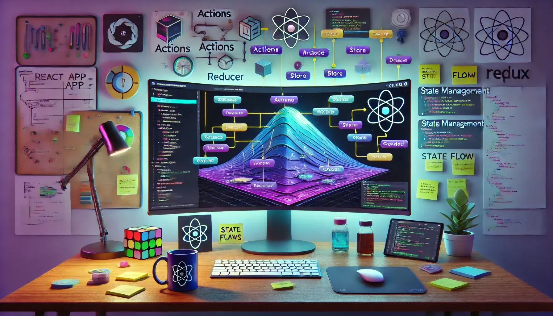  This AI-generated image features a visually striking and meticulously organized workspace with a focus on React.js and Redux development. The centerpiece is a large monitor displaying a colorful, layered data flow diagram, accompanied by lines of code. The desk is filled with items like a Rubik's cube, sticky notes, a coffee mug with the React logo, and a tablet showing additional code. The background wall is covered with diagrams, flowcharts, and keywords such as "Actions," "Reducer," "State Management," and "Redux," all related to the state management concepts in React and Redux. The lighting is a mix of cool and warm tones, creating a dynamic atmosphere that emphasizes productivity and creativity in web development. The overall scene is both educational and aesthetically pleasing, reflecting a deep engagement with coding and software design.