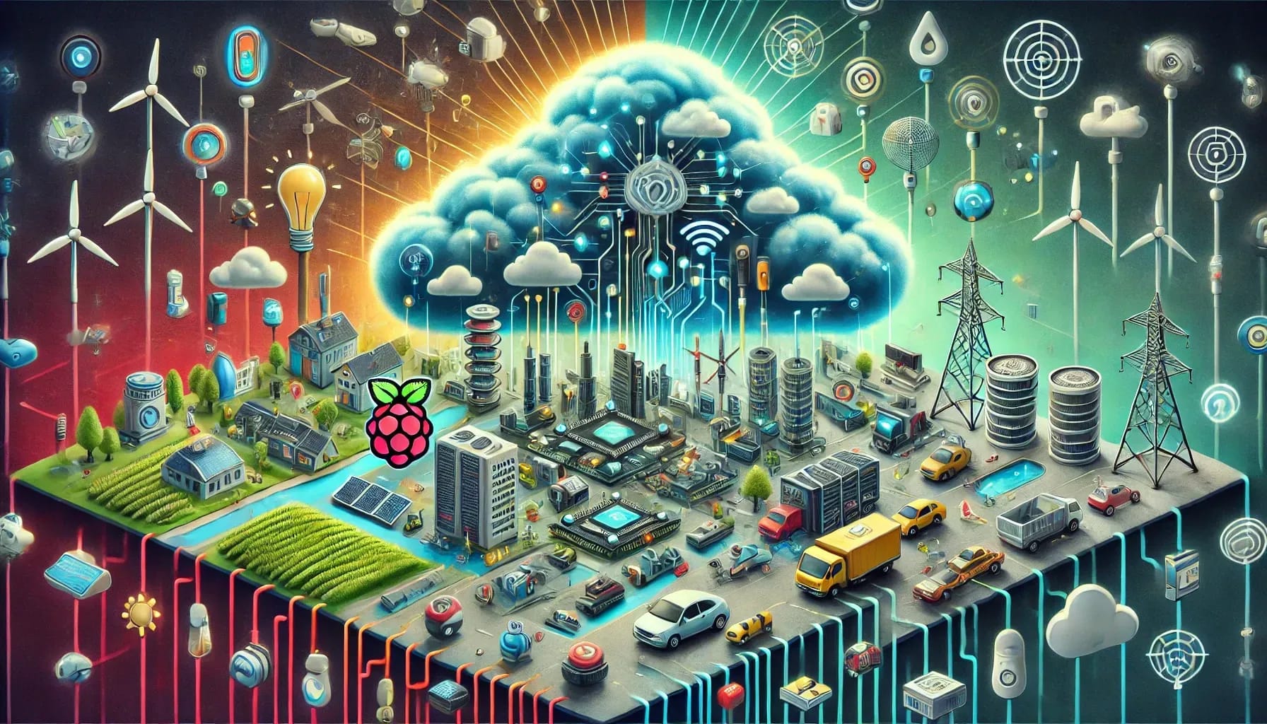  This AI-generated image illustrates a smart city powered by IoT, with a cloud at the center connecting various sectors like agriculture, energy, and transportation, all controlled by Raspberry Pi technology.