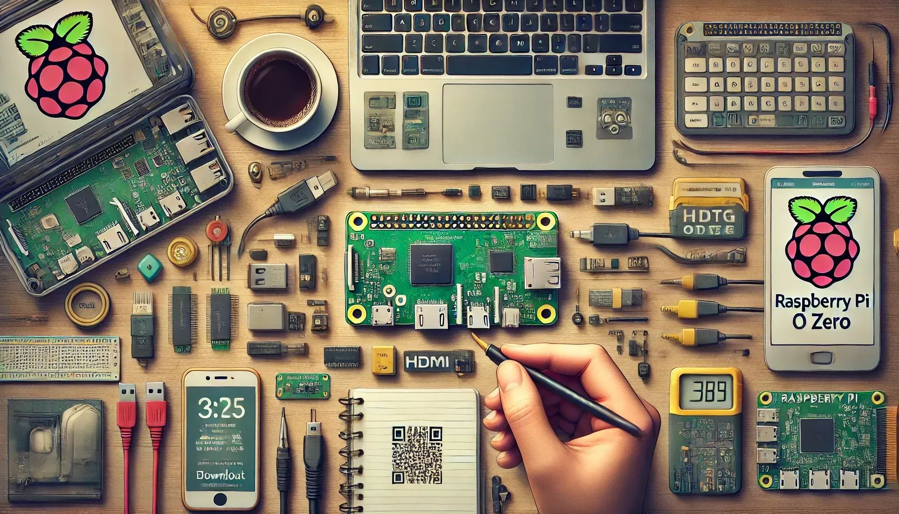 This AI-generated image shows a neatly organized workspace featuring a Raspberry Pi Zero, surrounded by electronic components, tools, a laptop, a smartphone, and a cup of coffee, highlighting DIY tech projects.