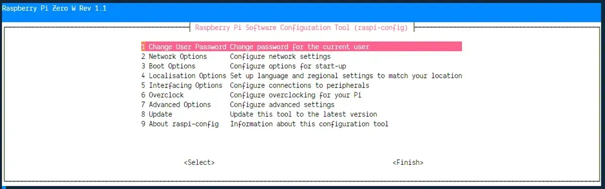 The image shows the "Raspberry Pi Software Configuration Tool (raspi-config)" interface on a Raspberry Pi Zero W Rev 1.1. It lists options like changing the user password, configuring network and boot options, localization, interfacing, overclocking, advanced settings, updates, and information about raspi-config. The highlighted option is "Change User Password." The interface has "Select" and "Finish" options at the bottom.