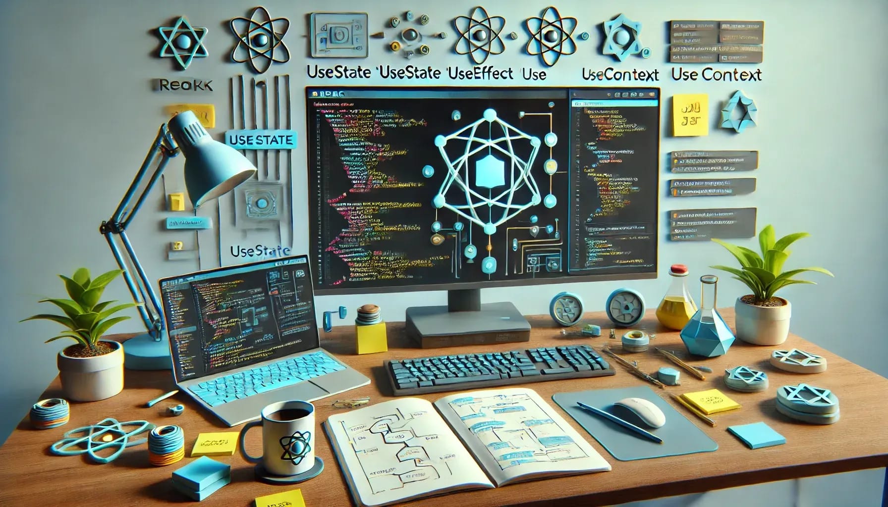  This AI-generated image depicts a highly organized and visually appealing workspace with a strong focus on React.js development. The scene is centered around a large computer monitor displaying code and a central React logo, accompanied by a laptop also displaying code. The desk is cluttered with various items including an open notebook filled with diagrams, a coffee mug, sticky notes, plants, and a blue desk lamp. The wall behind the monitor features several React logos, along with terms like "UseState," "UseEffect," and "UseContext," which are key concepts in React. The overall aesthetic is modern and tech-focused, with a consistent blue and yellow color scheme that ties all elements together, emphasizing a clean and productive coding environment.