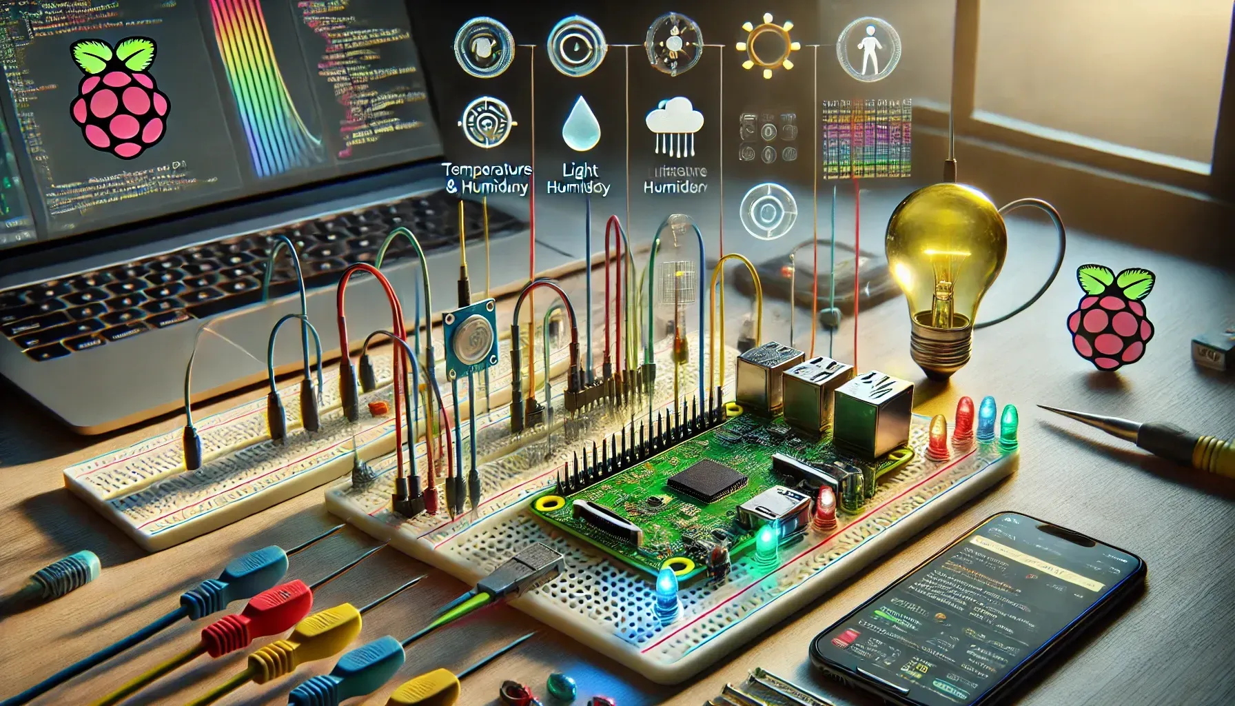  This AI-generated image depicts a Raspberry Pi project setup with sensors, LEDs, and wires connected to a breadboard. A laptop displays code, and holographic icons represent various sensor readings like temperature and humidity.