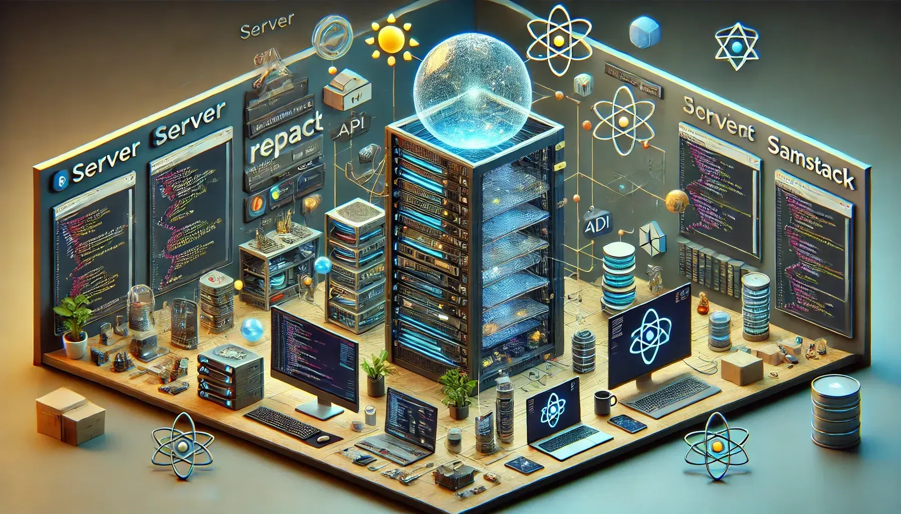 The AI-generated image depicts a futuristic, tech-themed workspace filled with servers, monitors displaying code, and various tech gadgets. A glowing orb sits atop a central server rack. The scene is adorned with symbols resembling atoms and tech logos, creating a high-tech, sci-fi atmosphere.