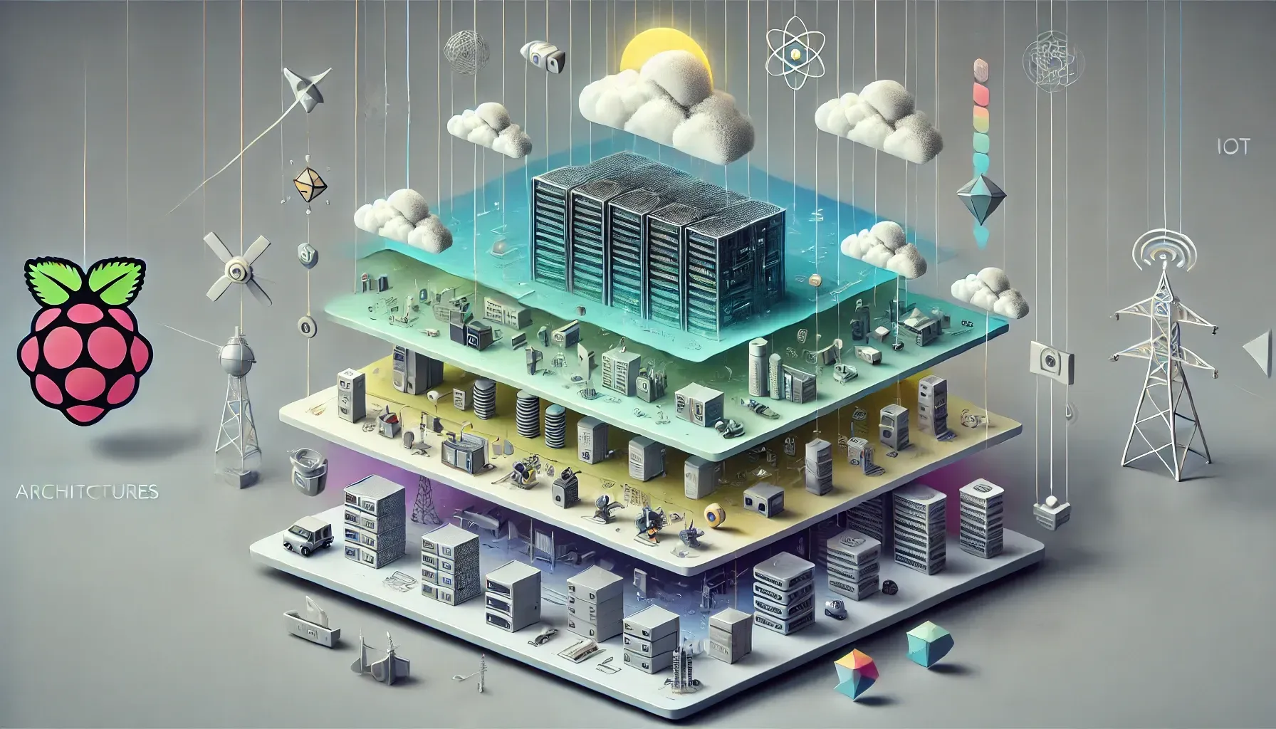 This AI-generated image depicts a multi-layered, futuristic architecture model, showcasing interconnected IoT systems, cloud computing, and infrastructure, with Raspberry Pi technology prominently featured.