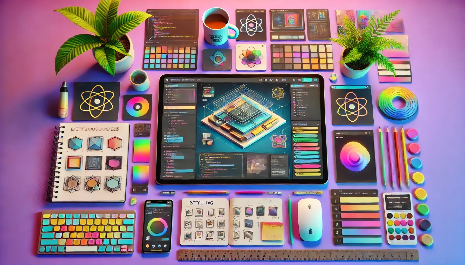 This AI-generated image depicts a vibrant and meticulously arranged workspace with a strong focus on design and coding. The centerpiece is a tablet displaying a colorful, layered 3D design with coding elements, surrounded by various items such as a custom rainbow-colored keyboard, a smartphone showing a color wheel, and an open notebook with design sketches. The desk is adorned with color palettes, pencils, sticky notes, and other creative tools, all organized in a visually appealing manner. The background features a soft gradient of pink and purple, enhancing the colorful and creative atmosphere. The React.js logo appears prominently on several items, emphasizing the theme of web development and design. The overall scene exudes creativity, organization, and a passion for both coding and design.