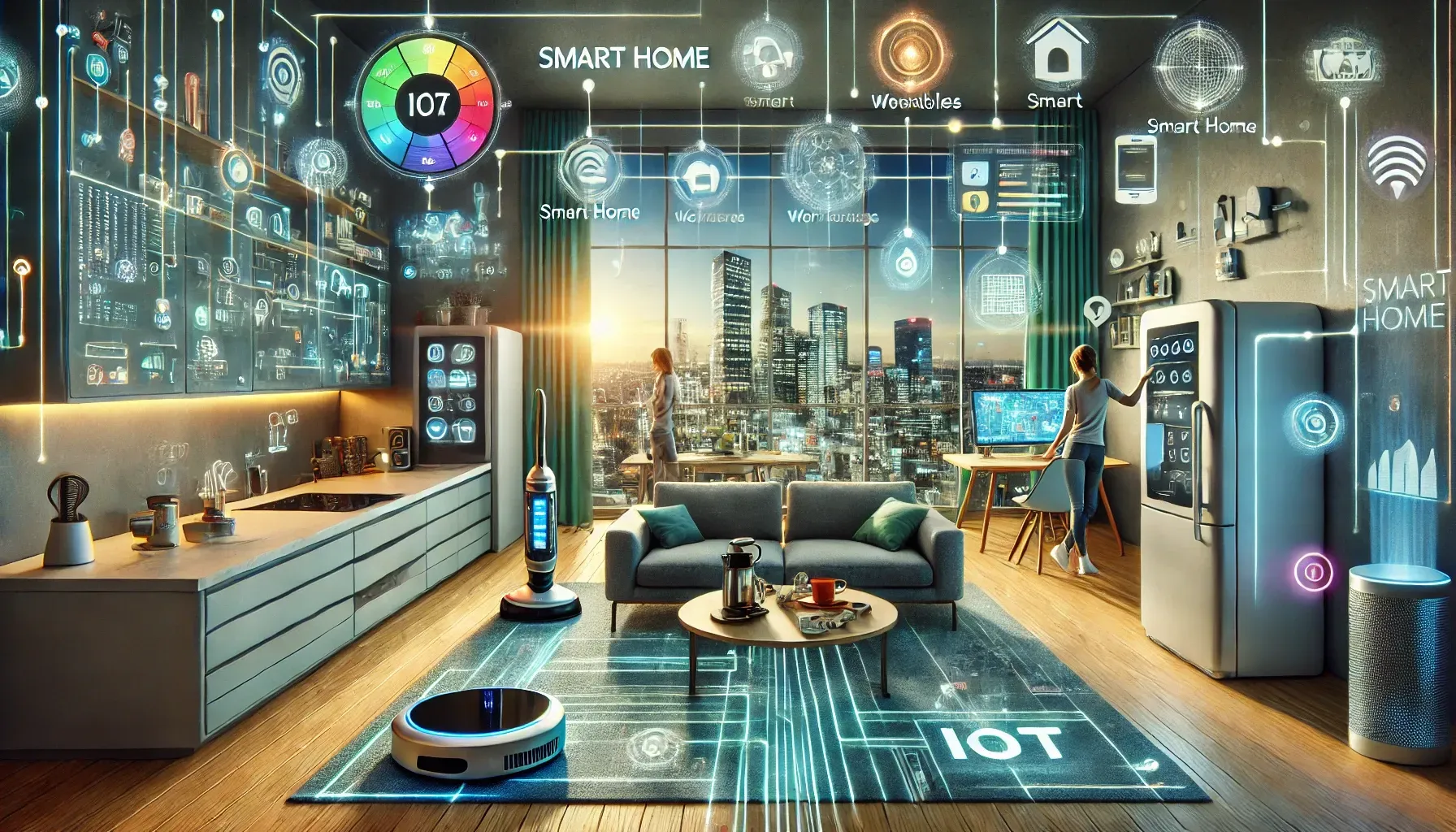 This AI-generated image illustrates a futuristic smart home interior, heavily integrated with Internet of Things (IoT) technology. The living space is modern and sleek, with large windows offering a stunning view of a city skyline at sunset. The room is filled with holographic interfaces and icons floating around, indicating various smart home functions such as "Wearables," "Smart Home," and "IoT."  In the foreground, a cozy living area features a sofa, a coffee table with a teapot and cups, and a futuristic-looking vacuum robot on the floor, which is embedded with circuit-like patterns. The kitchen area to the left is equipped with smart appliances, all controlled via holographic displays on the walls. A person is interacting with a touch screen on a smart refrigerator, while another person is seated at a desk, working on a computer that also displays multiple holographic interfaces.  The entire scene is bathed in a warm, ambient light that enhances the high-tech, yet comfortable atmosphere of the smart home. The integration of technology into everyday living is depicted seamlessly, showcasing a vision of the future where advanced technology is effortlessly woven into the fabric of daily life.