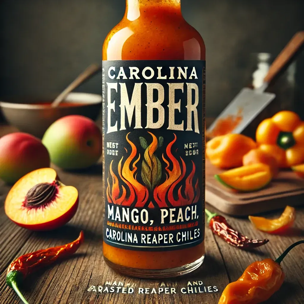 A bottle of hot sauce labeled "Carolina Ember" is prominently displayed. The label features flames and text indicating "Mango, Peach, Carolina Reaper Chiles." Surrounding the bottle are fresh peaches, mangoes, and various chili peppers, with a rustic wooden background.