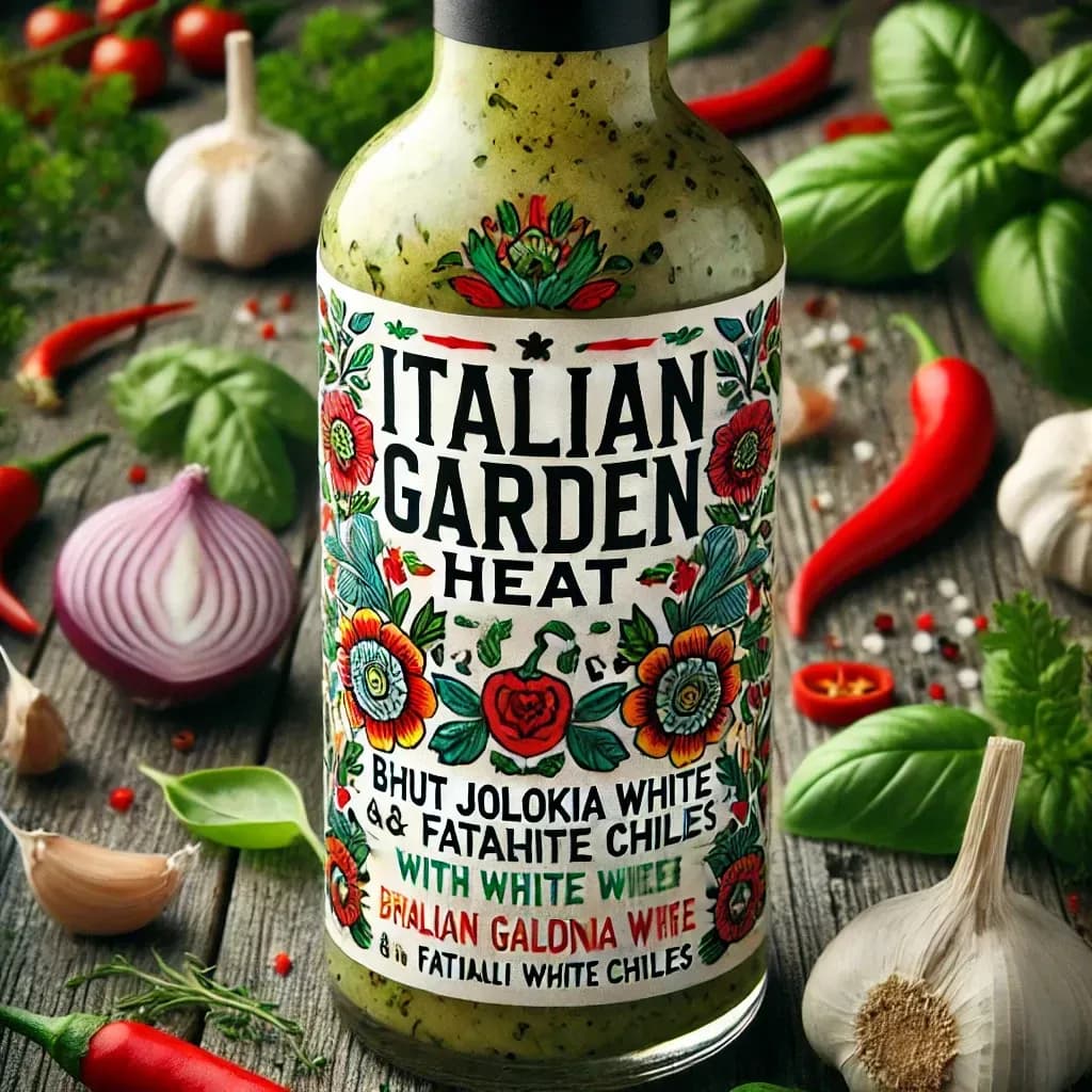 The image features a bottle of hot sauce labeled "Italian Garden Heat," adorned with vibrant floral and chili pepper illustrations. The label mentions ingredients like Bhut Jolokia White, Fatalhite Chiles, and White Wine. Surrounding the bottle are fresh ingredients like garlic, basil, red onions, and chili peppers on a rustic wooden surface.