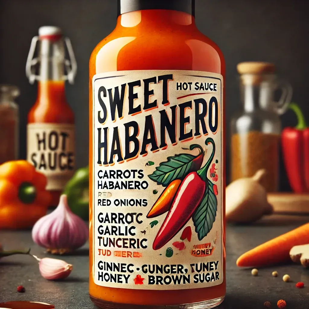 The image features a close-up of a bottle labeled "Sweet Habanero Hot Sauce." The label displays ingredients like carrots, habanero, red onions, garlic, turmeric, ginger, honey, and brown sugar. The background includes another hot sauce bottle, garlic, peppers, and spices.