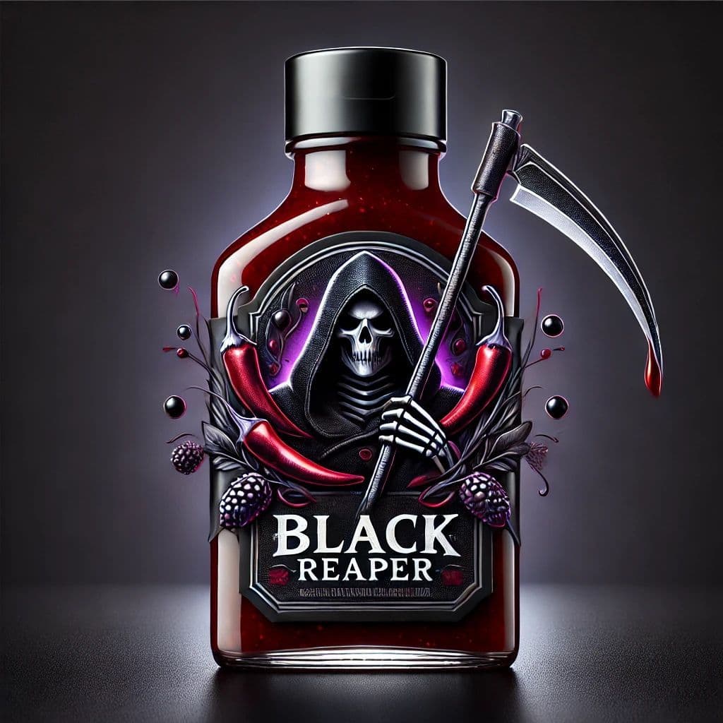 A dark, dramatic bottle labeled "Black Reaper" featuring a hooded skeleton holding a scythe. The design is surrounded by red chili peppers, blackberries, and dark liquid droplets, evoking a fiery and intense theme. The bottle sits on a sleek black surface.