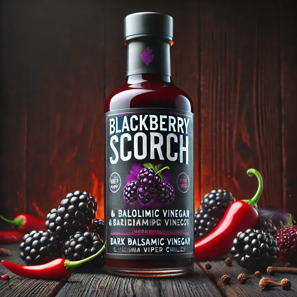 The image features a bottle of "Blackberry Scorch" dark balsamic vinegar with Carolina Viper Chilli. The label showcases bold text and a blackberry graphic. Surrounding the bottle are fresh blackberries, red chili peppers, and peppercorns, set against a dark wooden background.