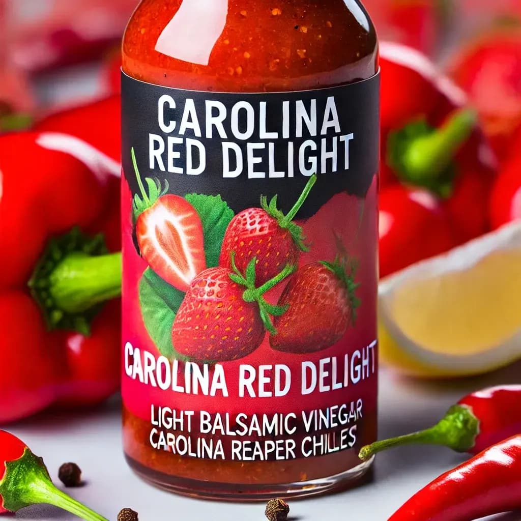 The image shows a bottle of "Carolina Red Delight" sauce with a label featuring strawberries and text that reads "Light Balsamic Vinegar, Carolina Reaper Chiles." The background includes red peppers, a lemon slice, and peppercorns, emphasizing the sauce's spicy and tangy flavor.