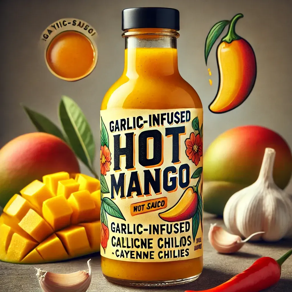 The image features a bottle of "Garlic-Infused Hot Mango" sauce. The label is vibrant with floral and chili pepper illustrations. Surrounding the bottle are a sliced mango, whole mangoes, garlic cloves, and a chili pepper. The design is colorful and appetizing, emphasizing the spicy and fruity flavor.