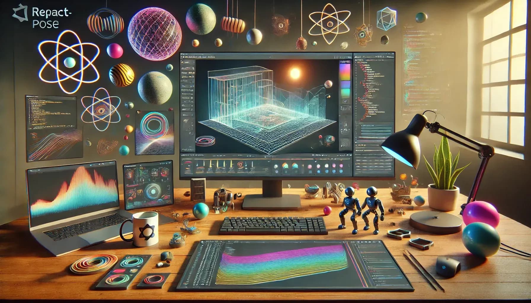 This AI-generated image presents a highly creative and futuristic workspace centered around data visualization and coding, particularly with a focus on React.js. The main scene features a large monitor displaying a 3D grid or terrain model, surrounded by colorful data visualizations and graphs on additional screens. The desk is cluttered with various tech gadgets, including a laptop, a drawing tablet displaying more data visualizations, a coffee mug with the React logo, and small robotic figures. The wall behind the monitor is adorned with floating, glowing spheres and geometric shapes, contributing to the high-tech, almost otherworldly atmosphere. A desk lamp casts a warm light on a potted plant, adding a touch of natural life to the otherwise digital-centric environment. The overall aesthetic combines elements of advanced technology, creativity, and data science in a visually striking and immersive setting.