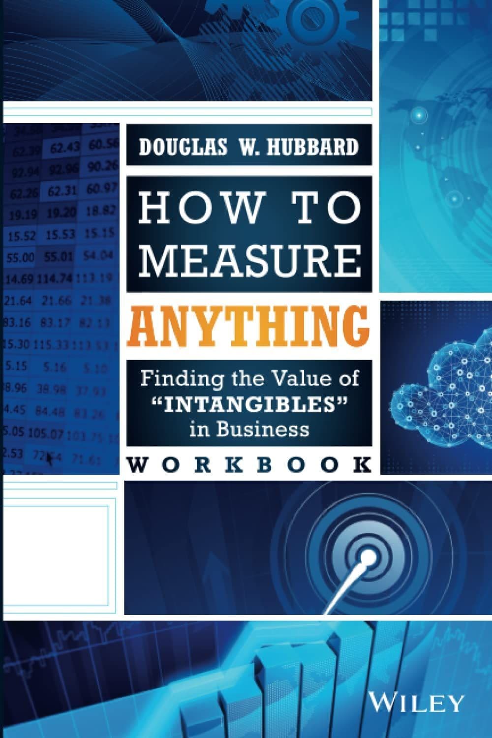 The image shows the cover of the book titled "How to Measure Anything: Finding the Value of 'Intangibles' in Business Workbook" by Douglas W. Hubbard. The cover features various abstract graphics, including data charts, a cloud made of connected nodes, and a target symbol. Published by Wiley.