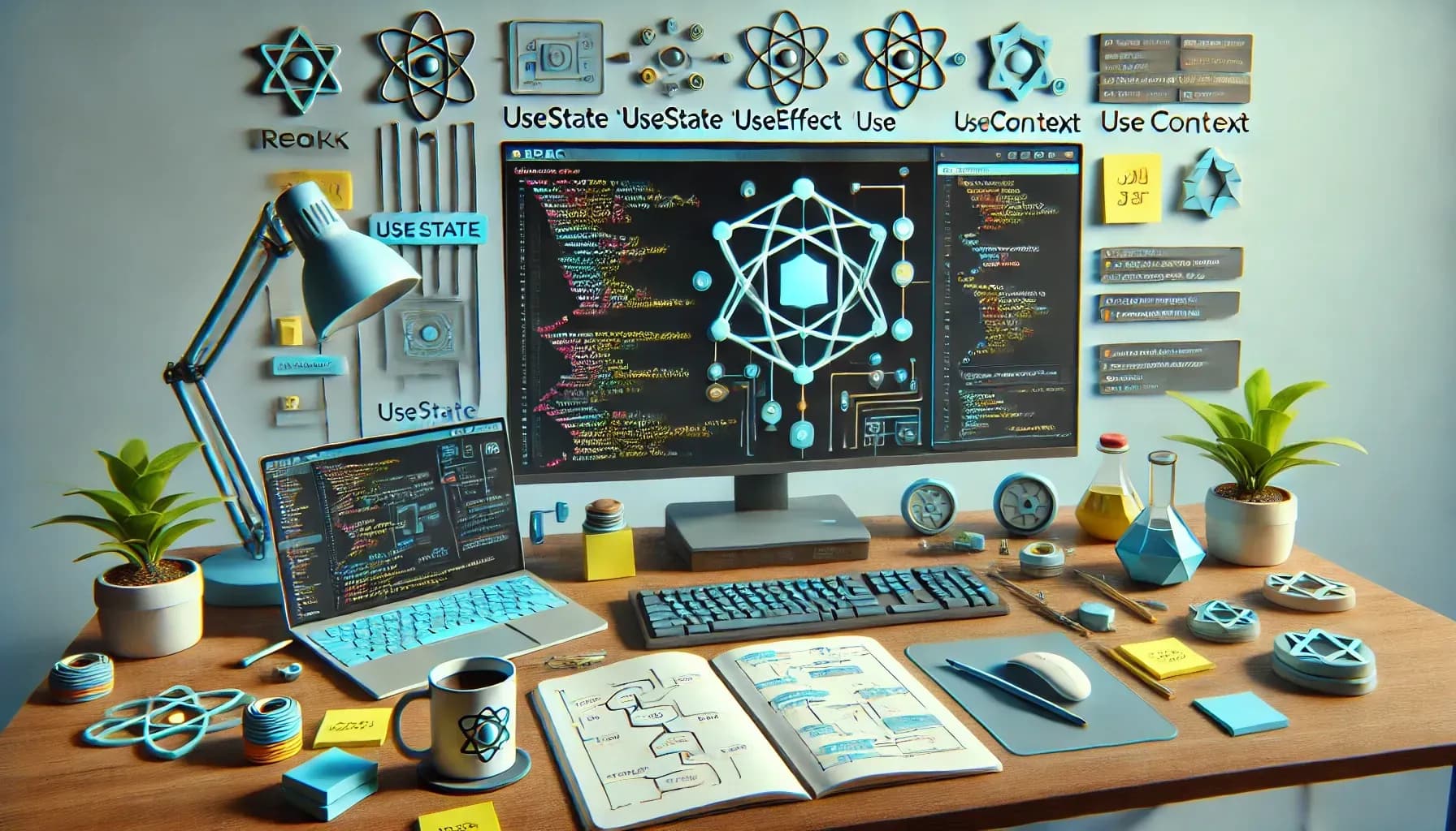This AI-generated image depicts a highly organized and visually appealing workspace with a strong focus on React.js development. The scene is centered around a large computer monitor displaying code and a central React logo, accompanied by a laptop also displaying code. The desk is cluttered with various items including an open notebook filled with diagrams, a coffee mug, sticky notes, plants, and a blue desk lamp. The wall behind the monitor features several React logos, along with terms like "UseState," "UseEffect," and "UseContext," which are key concepts in React. The overall aesthetic is modern and tech-focused, with a consistent blue and yellow color scheme that ties all elements together, emphasizing a clean and productive coding environment.