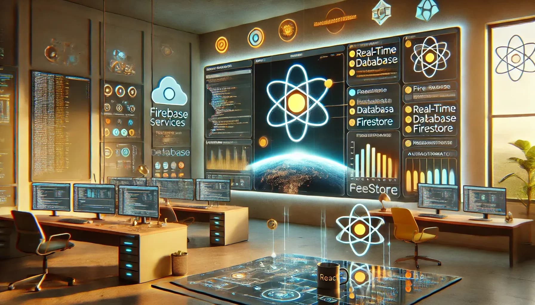 This AI-generated image presents a futuristic, high-tech workspace focused on web development, particularly using Firebase and React.js. The room is dominated by large, holographic displays on the walls, showcasing various data visualizations, code snippets, and icons related to Firebase services like Real-Time Database and Firestore. The central display features a glowing React logo hovering over an image of Earth, symbolizing global connectivity. Several workstations with multiple monitors are arranged around the room, each displaying lines of code. The workspace is bathed in warm, golden light, creating a sophisticated yet dynamic atmosphere. Additional details include a coffee mug with the React logo, a touch-sensitive table with holographic controls, and a few potted plants, adding a touch of greenery to the sleek, modern environment. The scene highlights the integration of cutting-edge technology and web development tools in a highly organized and visually immersive setting.